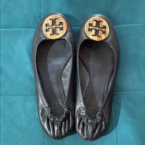 Tory Burch Black and Gold Leather Flats